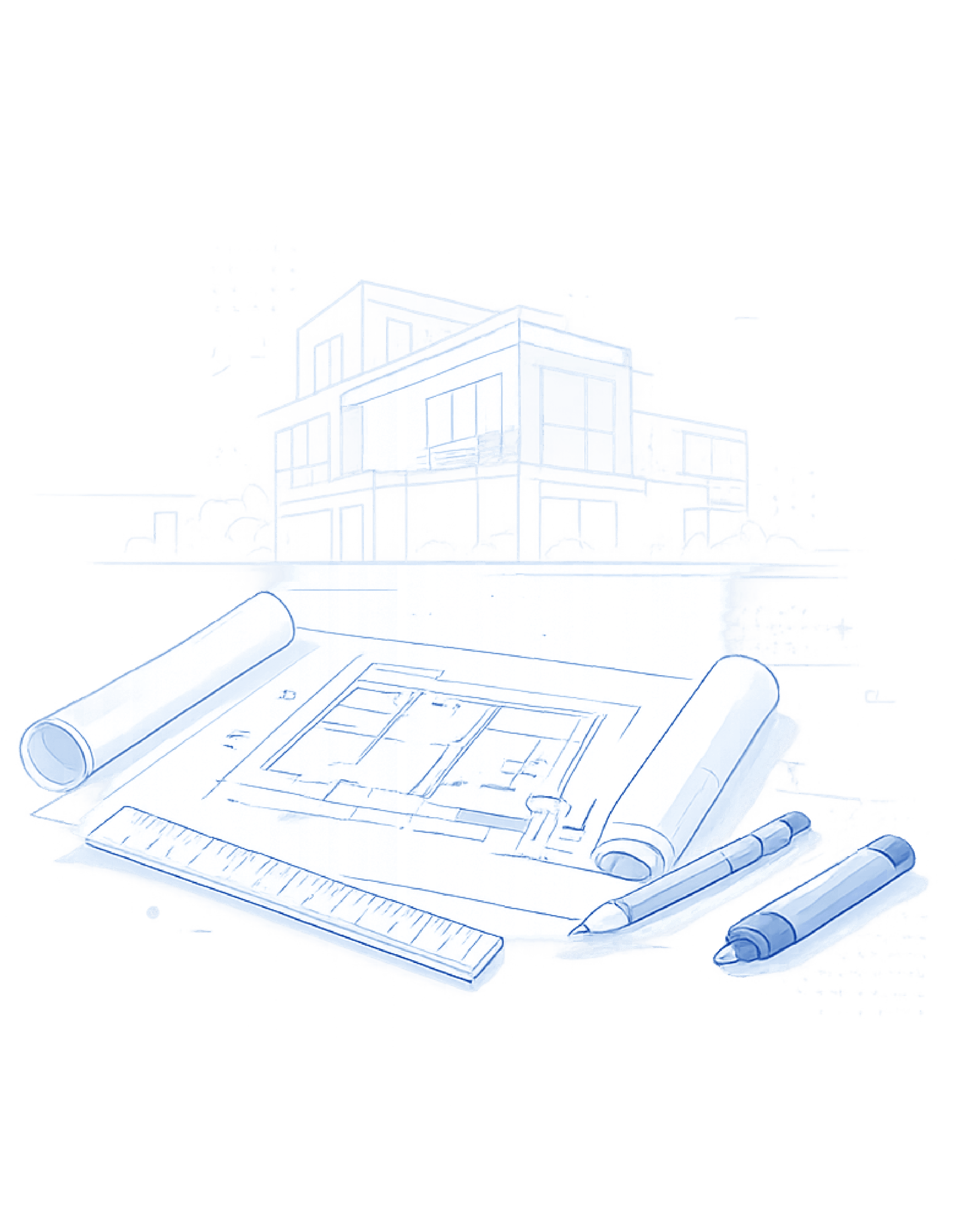 Plans architecturaux et bâtiment illustrant une expertise immobilière